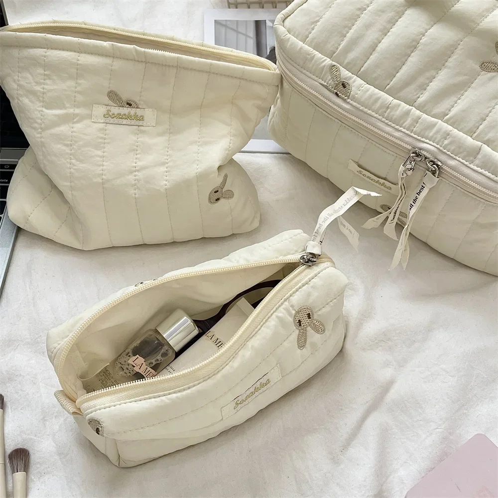 sac à cosmétiques brodé matelassé en tissu coton doux pour femme, trousse de maquillage, sacs à main de rangement pour bol d'université