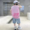 costume d'été pour enfants, t shirt sans manches en coton et short en denim, ensemble de vêtements deux pièces, tenues de survêtement à la mode pour enfants