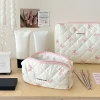 sac de maquillage matelassé en coton pour femmes, organisateur de cosmétiques à fermeture éclair, sac à main en tissu à fleurs avec nœud mignon, trousse de toilette portable pour filles
