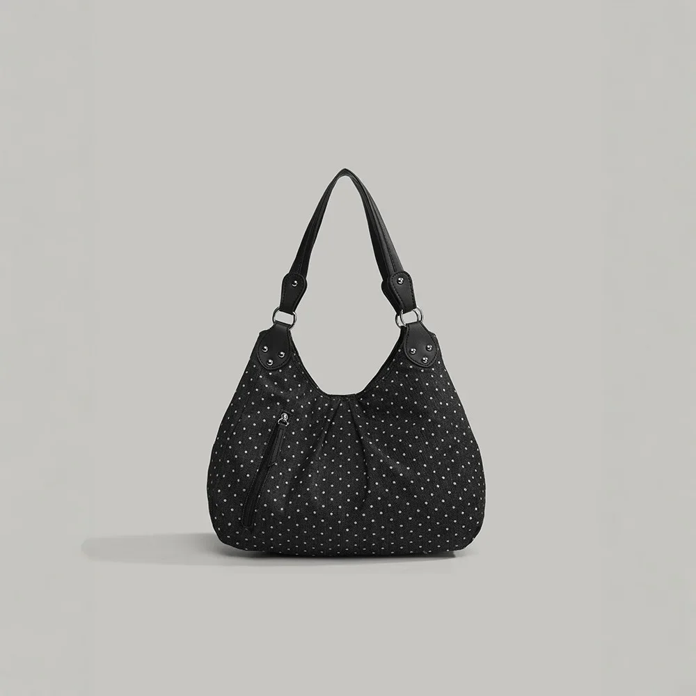 Sac fourre-tout rétro à pois pour femmes, sac à bandoulière de grande capacité, sac à main polyvalent à la mode de Style coréen, matériau en toile Sac fourre-tout rétro à pois pour femmes, sac à bandoulière de grande capacité, sac à main polyvalent à la mode de Style coréen, matériau en toile