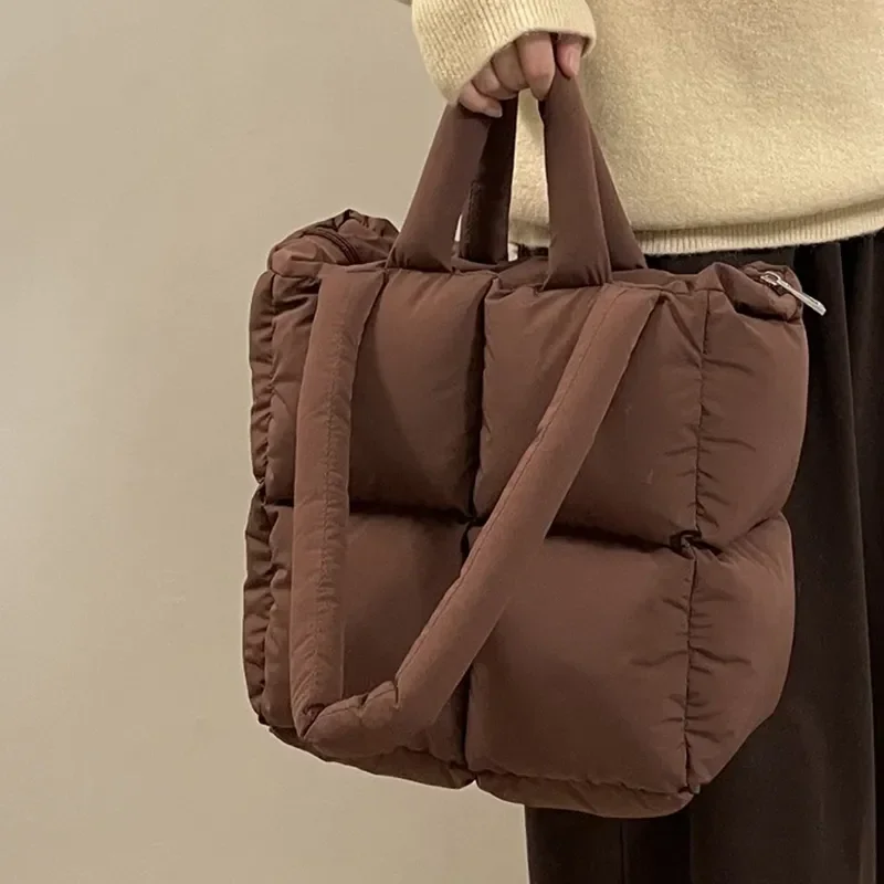 sac à bandoulière bouffant de styliste pour femmes, espace matelassé en coton rembourré avec plumes, sac à main de grande capacité, fourre tout de shopping d'hiver