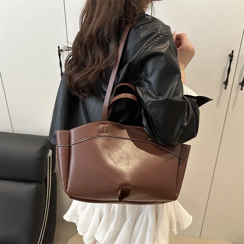 sac fourre tout pour femmes, sac sous les bras, grande capacité, sacs à bandoulière en cuir pu, sac à bandoulière vintage solide, porte documents tendance avec bourse