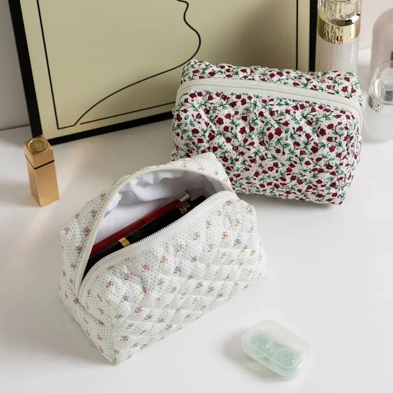 sacs de maquillage floraux matelassés, fermeture éclair, imprimé mignon, organisateur de rangement de fleurs, accessoire de maquillage, trousse de toilette, grand sac à cosmétiques pour femmes