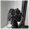 nouveau sac seau pour femmes, sac à bandoulière à carreaux, sac à main en denim durable, design à cordon de serrage de grande capacité,
