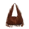 sac hobo à franges en faux daim, sac hobo à pompon de couleur unie, sac à bandoulière ample à grand nœud, léger pour filles et femmes, cadeaux d'anniversaire