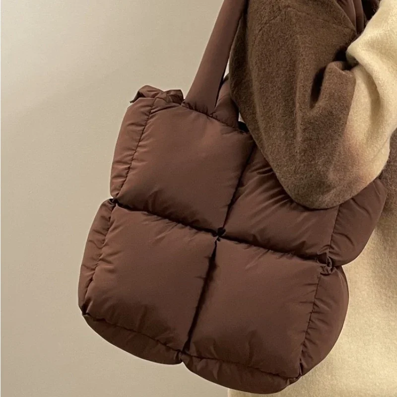 sac à bandoulière bouffant de styliste pour femmes, espace matelassé en coton rembourré avec plumes, sac à main de grande capacité, fourre tout de shopping d'hiver