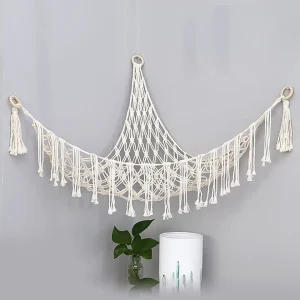 Hamac en peluche style Boho, forme triangulaire, panier de rangement suspendu en maille, glands en coton, filet mural pour chambre à coucher et salon