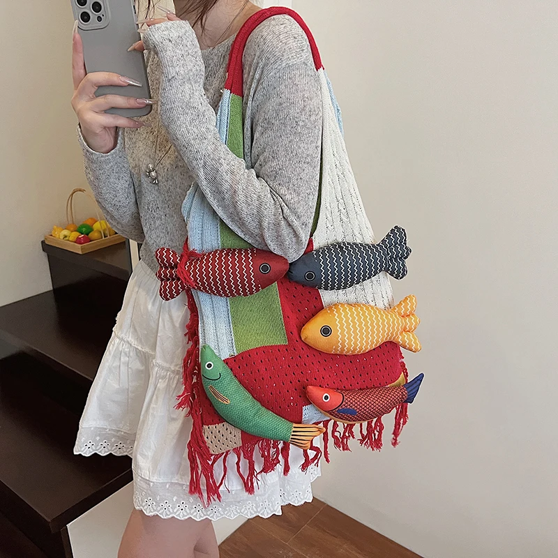 leftside – sac hobo en tricot design poisson, sac à main tissé, sac à bandoulière de plage, sac à main de voyage de vacances, sac de shopping pour femmes
