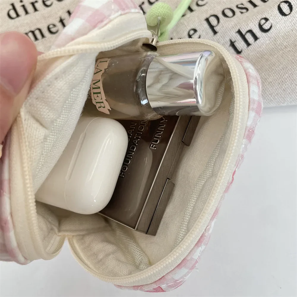 mini trousse de maquillage en coton matelassé pour femme, sac de rangement pour serviette hygiénique, porte monnaie étudiant, clés, sauna, poudres de téléphone, nœud à carreaux