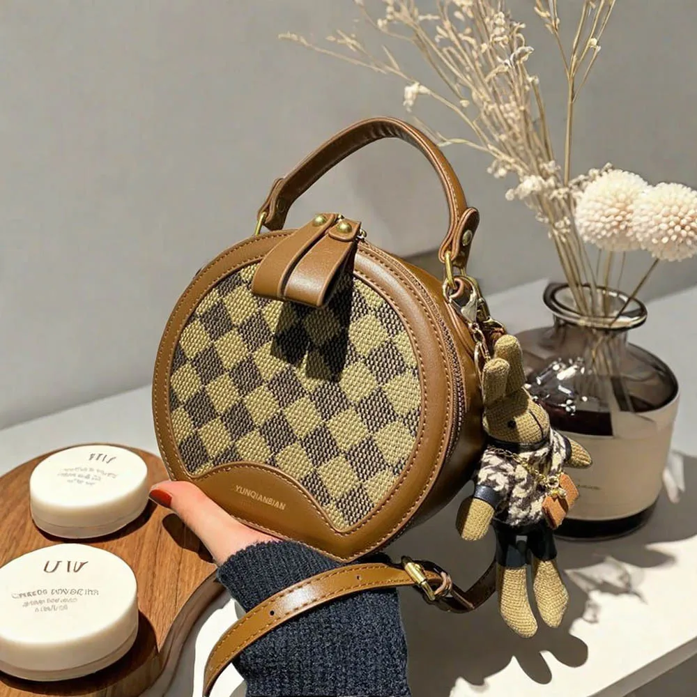 sac à main à bandoulière tendance à motif à carreaux de styliste chic, style décontracté, pu, forme ronde avec sangle réglable