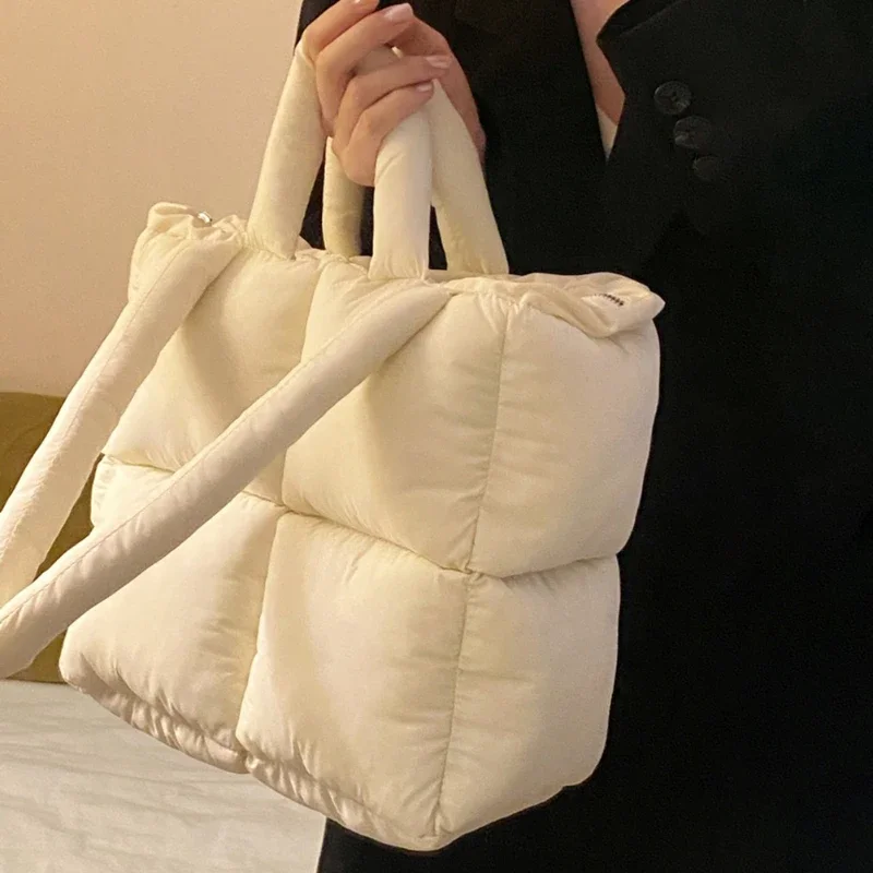 sac à bandoulière bouffant de styliste pour femmes, espace matelassé en coton rembourré avec plumes, sac à main de grande capacité, fourre tout de shopping d'hiver