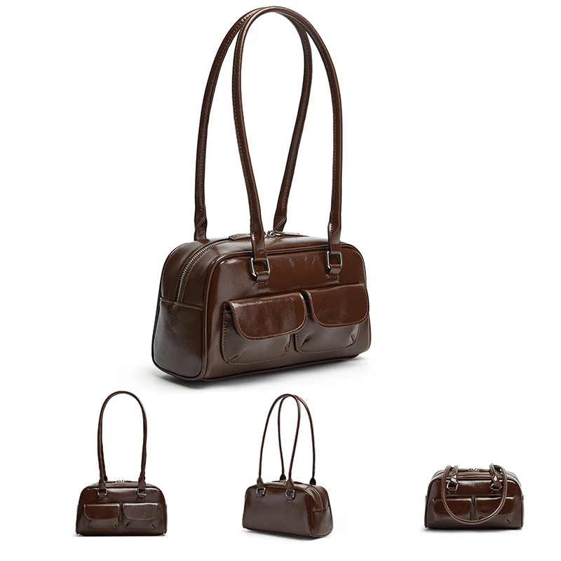 sac hobo rétro pour femmes, sac de shopping en cuir pu, sac à aisselles de styliste solide, décontracté, double poche, sac sous les bras