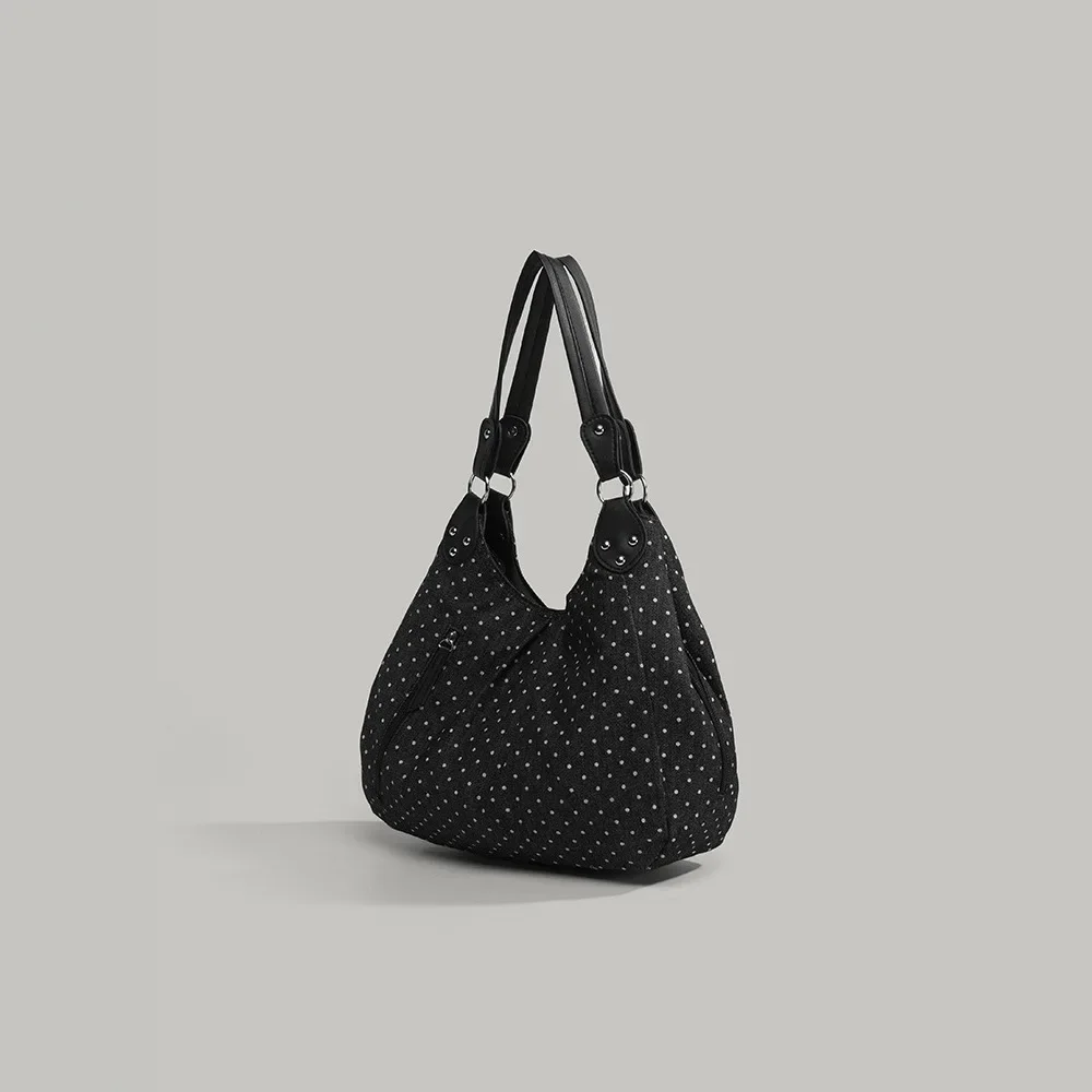 sac fourre tout rétro à pois pour femmes, sac à bandoulière de grande capacité, sac à main polyvalent à la mode de style coréen, matériau en toile
