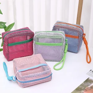 Sac à cosmétiques en maille carrée multi-poches, sac de rangement de cosmétiques carré Portable avec fermeture éclair, sac de rangement polyvalent pour articles divers