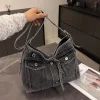 sac cartable décontracté multifonction grande capacité pour femmes, sacoche vintage en denim, sangle réglable, fourre tout à bandoulière