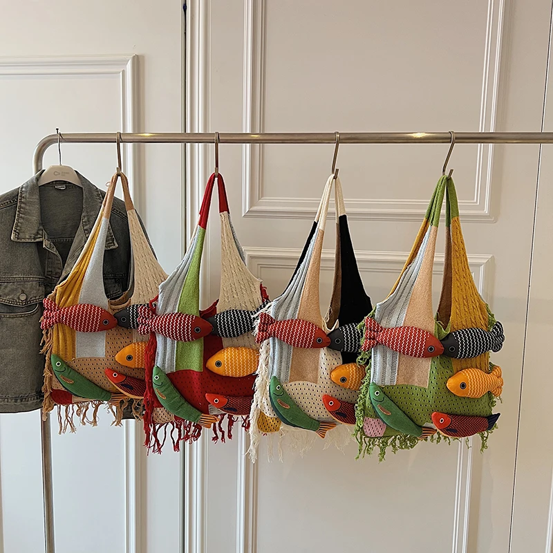 leftside – sac hobo en tricot design poisson, sac à main tissé, sac à bandoulière de plage, sac à main de voyage de vacances, sac de shopping pour femmes