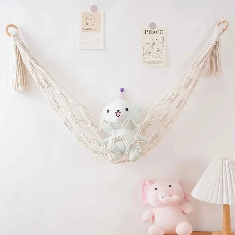 hamac de rangement boho en peluche, hamac en peluche, jouets en peluche, coin de chambre, mesh, décoration de chambre