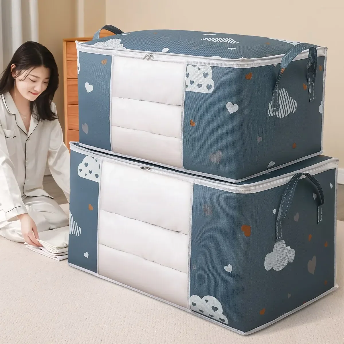 Sac de rangement pour vêtements de grande capacité, organisateur avec poignée renforcée, adapté aux couvertures, literie pliable avec fermeture éclair robuste Sac de rangement pour vêtements de grande capacité, organisateur avec poignée renforcée, adapté aux couvertures, literie pliable avec fermeture éclair robuste