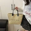 sac à main de plage mignon tissé en paille, sac seau de grande capacité, sac de plage bohème, sac à bandoulière avec lettres de voyage