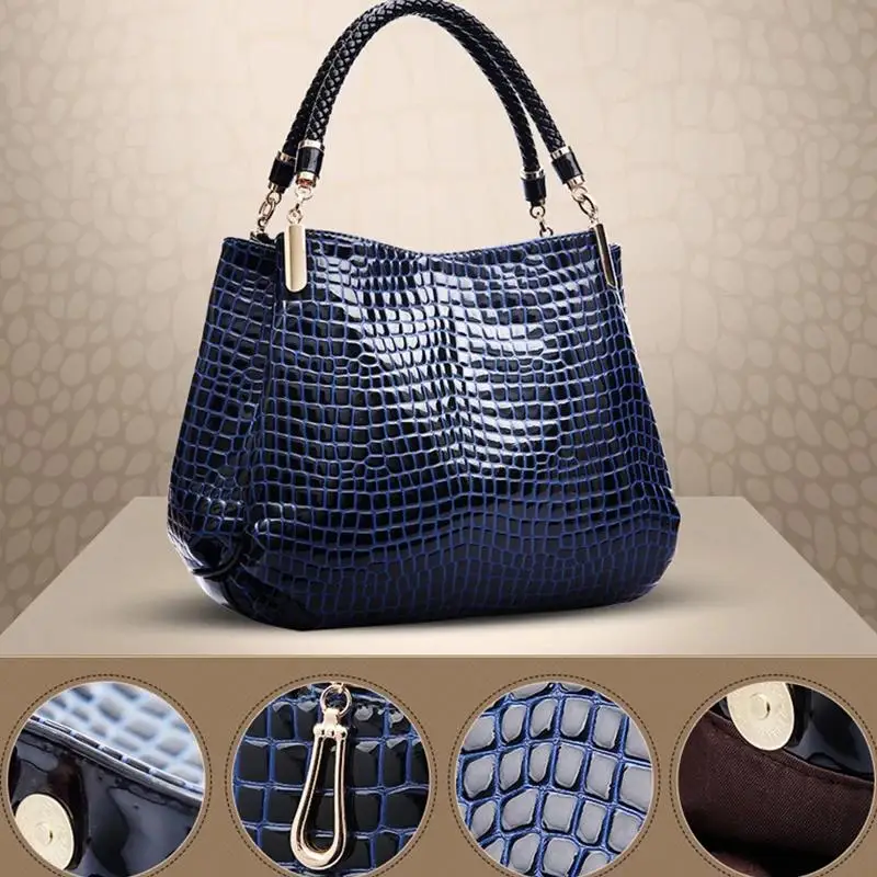 sac à main grande capacité pour femmes, fourre tout pour les déplacements quotidiens, sac à bandoulière imprimé crocodile, visage brillant, shopping