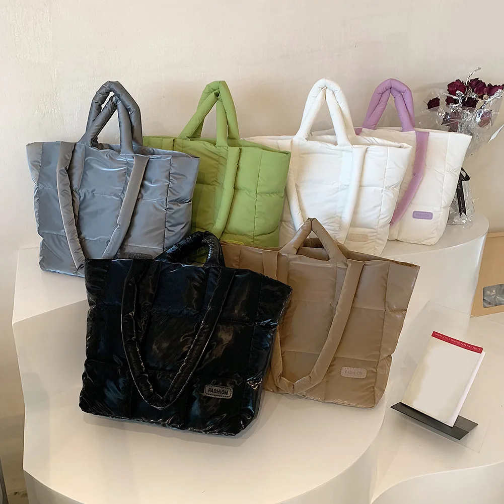 sac à main matelassé en coton rembourré pour femme, sac à carreaux solide, grande capacité, sac pour document, doux, femme, automne, hiver