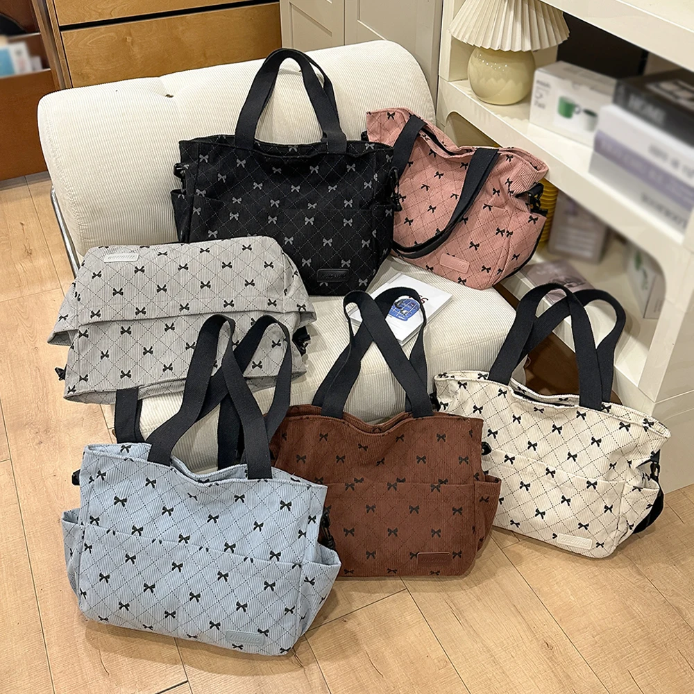 sac fourre tout style coréen ins, fourre tout imprimé complet avec nœud, sac de shopping léger, sac à bandoulière pour le travail quotidien