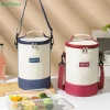 ♥ ♥ ♥ Le sac isolé cylindrique a des bretelles, le sac rond multicouche de boîte à déjeuner, le sac à Bento portatif et à bandoulière ♥ ♥ ♥ Le sac isolé cylindrique a des bretelles, le sac rond multicouche de boîte à déjeuner, le sac à Bento portatif et à bandoulière