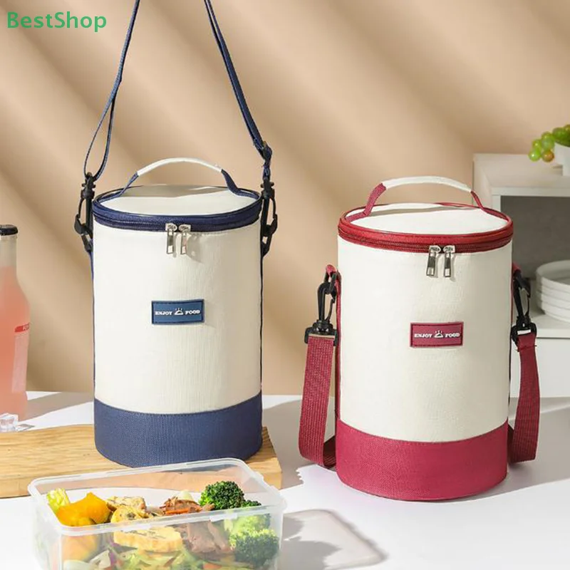 ♥ ♥ ♥ Le sac isolé cylindrique a des bretelles, le sac rond multicouche de boîte à déjeuner, le sac à Bento portatif et à bandoulière ♥ ♥ ♥ Le sac isolé cylindrique a des bretelles, le sac rond multicouche de boîte à déjeuner, le sac à Bento portatif et à bandoulière