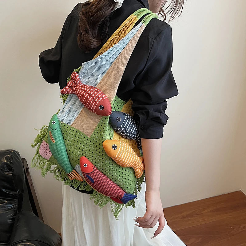 leftside – sac hobo en tricot design poisson, sac à main tissé, sac à bandoulière de plage, sac à main de voyage de vacances, sac de shopping pour femmes
