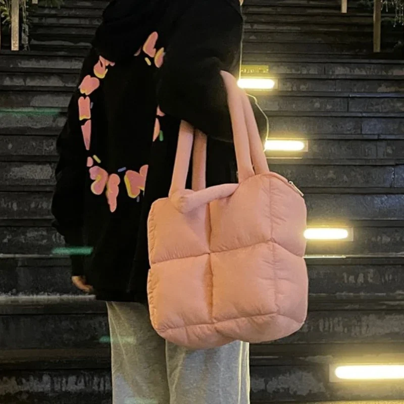 sac à bandoulière bouffant de styliste pour femmes, espace matelassé en coton rembourré avec plumes, sac à main de grande capacité, fourre tout de shopping d'hiver