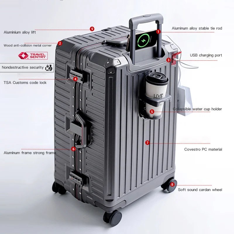 valise à poignée large valise de voyage hommes 20 24 26 bagage à main femmes pc cadre en aluminium boîtier de chariot