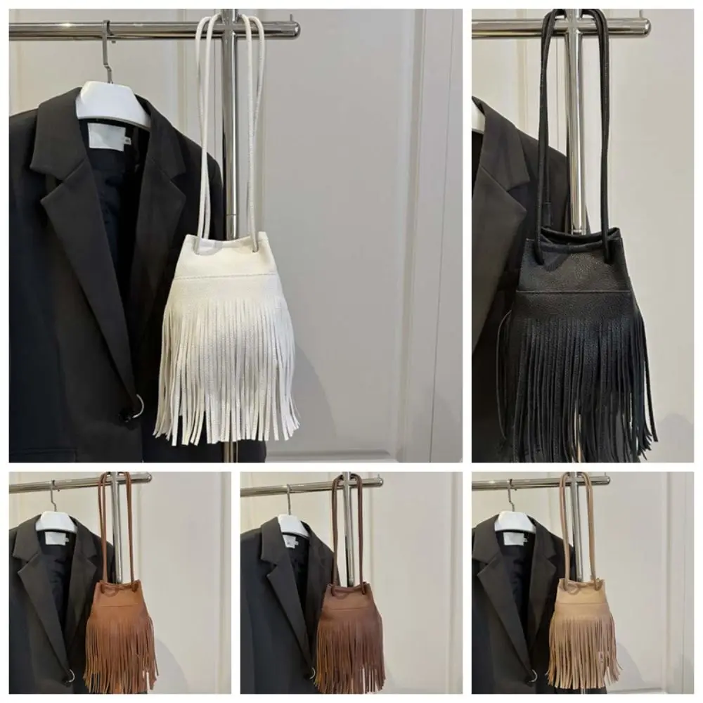 sac seau à pompons élégant rétro, grande capacité, sac en pu avec cordon de serrage, bouton magnétique, texture kaki, pochette à bandoulière pour shopping
