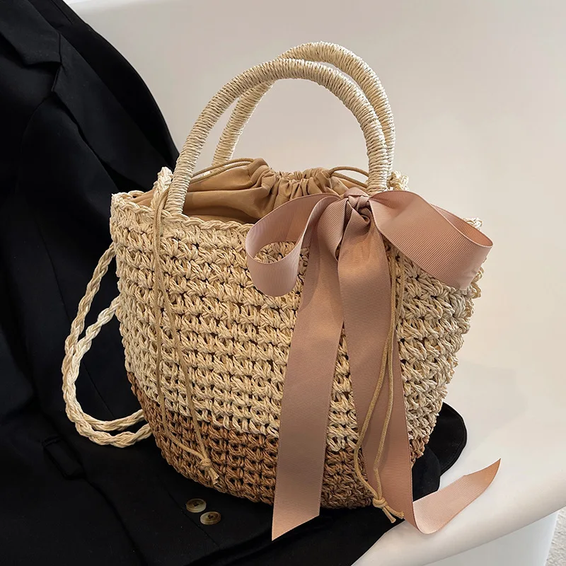 arc décors seau sacs à bandoulière à la main paille évider sac été femme voyage sac de plage sac à main vintage sacs à main bolsa
