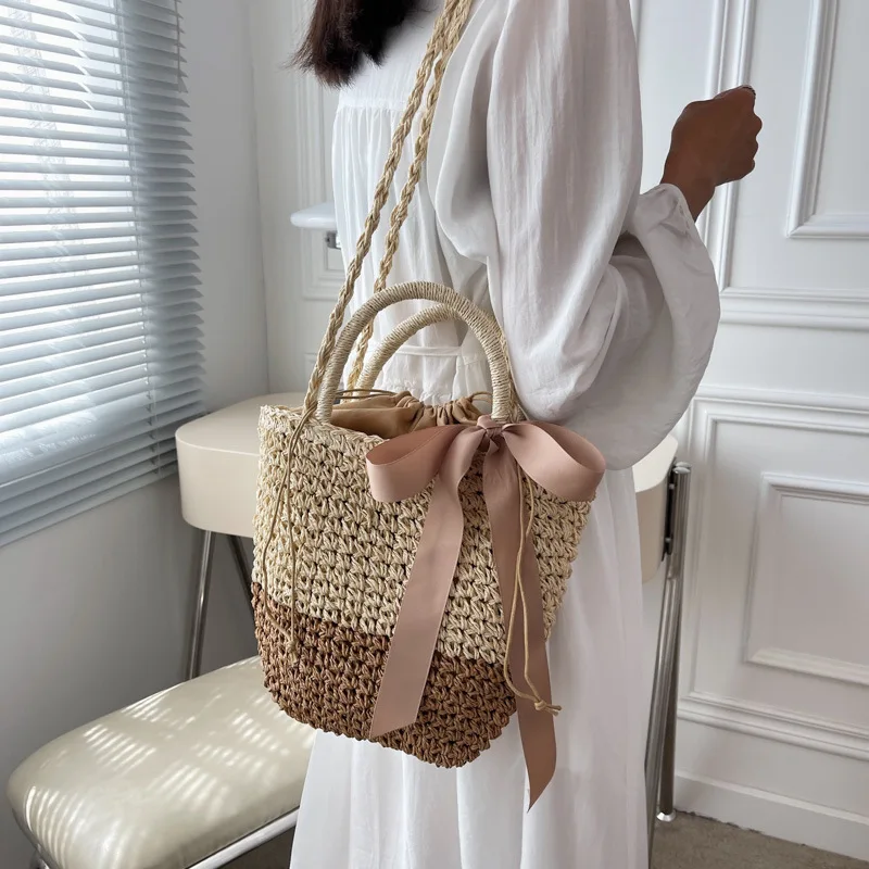 arc décors seau sacs à bandoulière à la main paille évider sac été femme voyage sac de plage sac à main vintage sacs à main bolsa