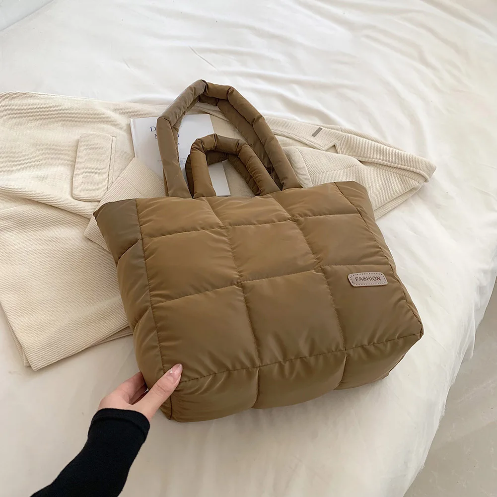 sac à main matelassé en coton rembourré pour femme, sac à carreaux solide, grande capacité, sac pour document, doux, femme, automne, hiver