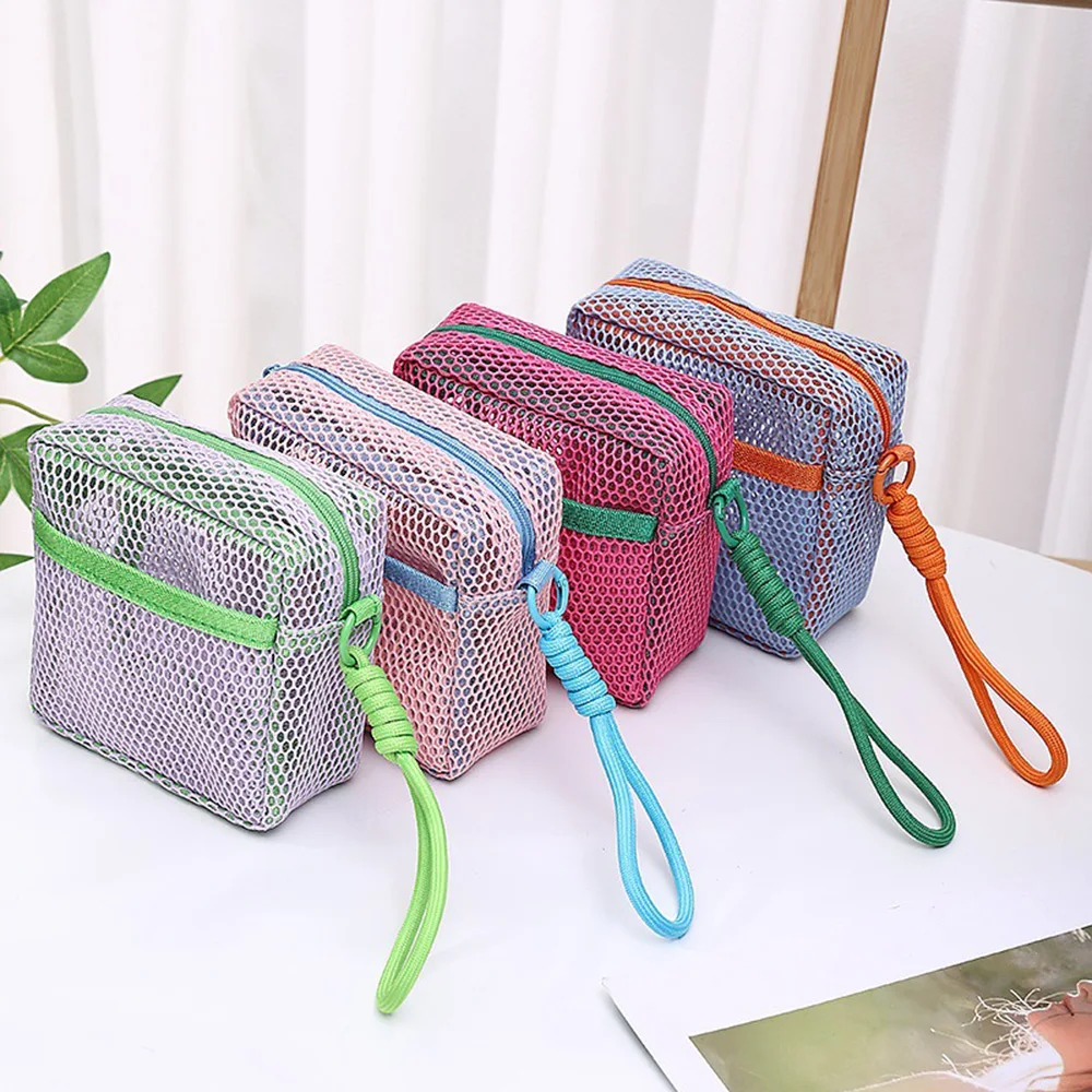 sac à cosmétiques en maille carrée multi poches, sac de rangement de cosmétiques carré portable avec fermeture éclair, sac de rangement polyvalent pour articles divers