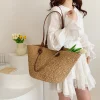 sac fourre tout tissé pour femmes, sac à bandoulière de grande capacité, sac à main tissé simple, pochette fourre tout chic hobo pour fête et vacances