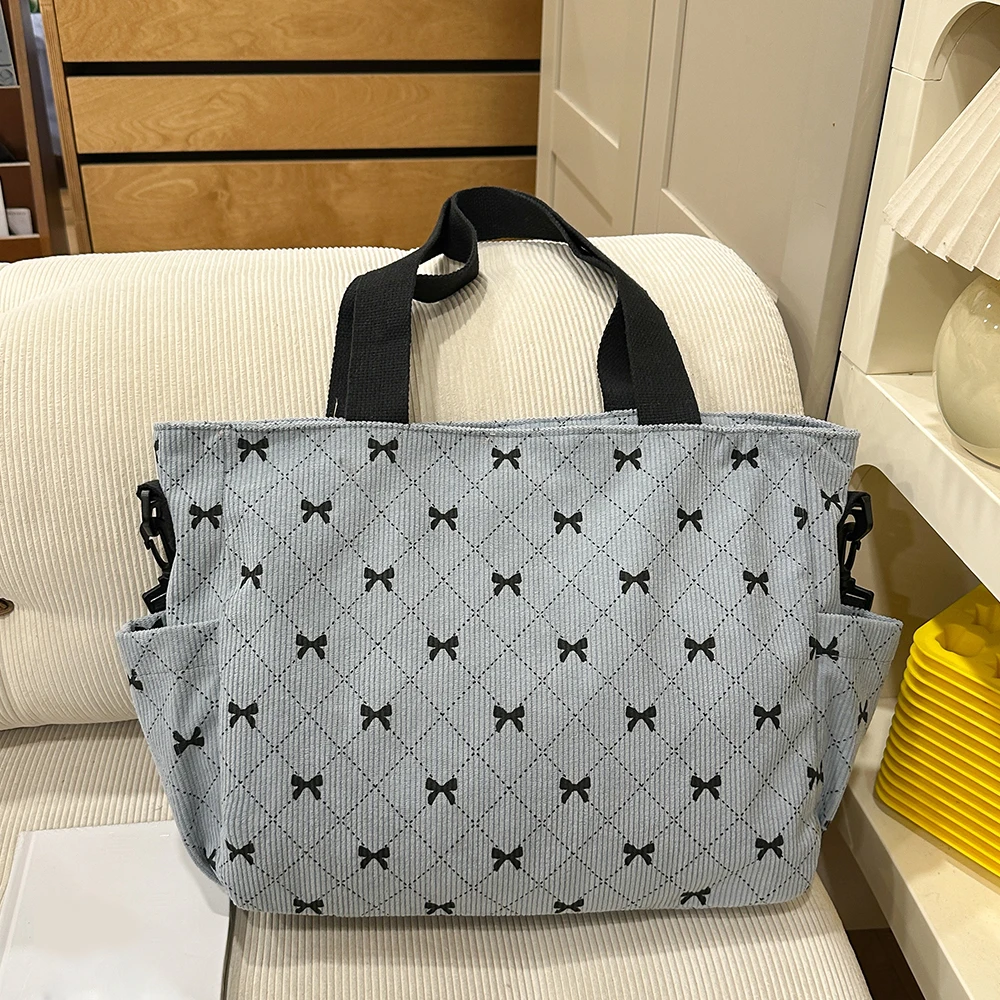 sac fourre tout style coréen ins, fourre tout imprimé complet avec nœud, sac de shopping léger, sac à bandoulière pour le travail quotidien