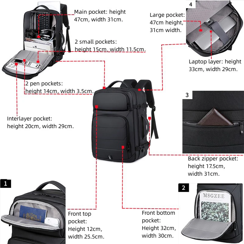 sacs à dos extensibles pour ordinateur portable pour hommes, sac pour ordinateur portable étanche, cartable usb, sports, voyage, sac à dos pour homme, 17"