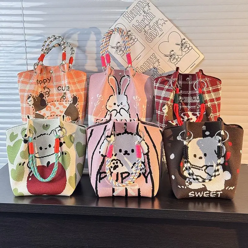 sac seau tricoté pour femmes, design de dessin animé mignon, fourre tout de grande capacité, sac à main carré portable, cadeau à la mode pour filles