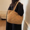 sac fourre tout matelassé doux avec nœud brodé, sac à main à carreaux en losange de grande capacité en polyester, sac à bandoulière à bulles de style coréen pour la plage