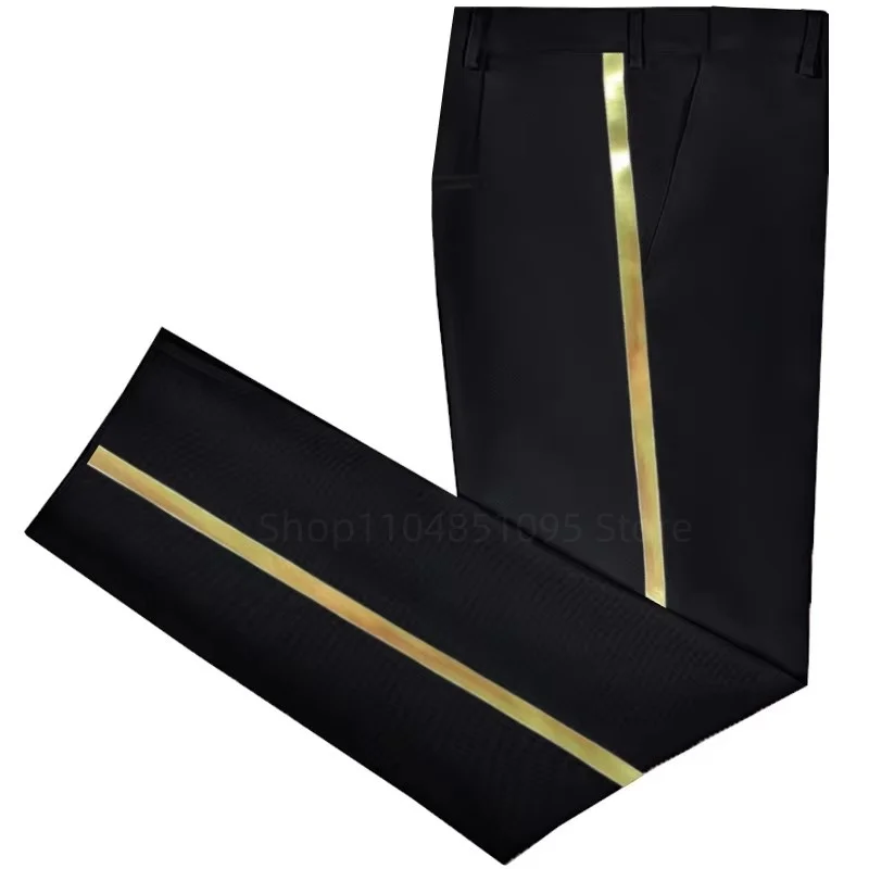 pantalon de costume noir pour hommes, garniture en cuir doré, décontracté, formel, pour le bureau, élastique, droit, formel, xs 6xl