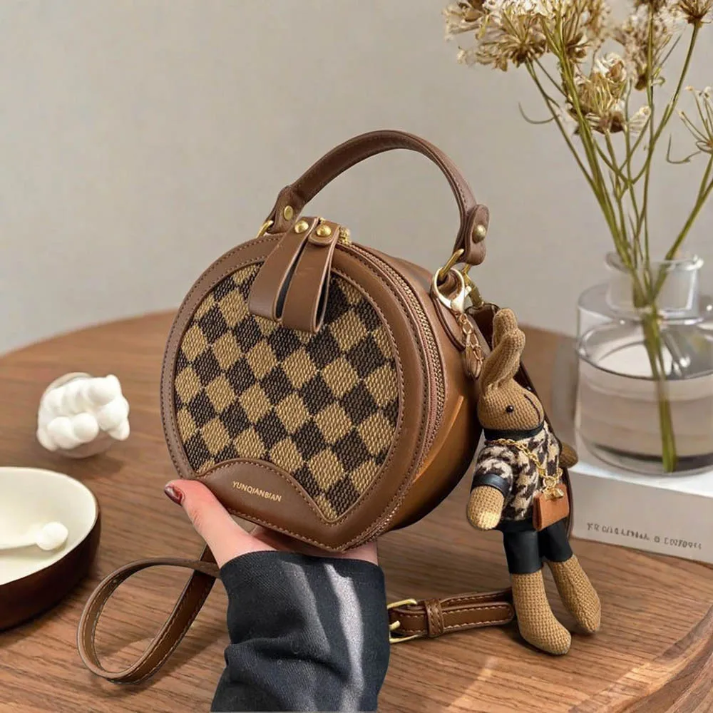 sac à main à bandoulière tendance à motif à carreaux de styliste chic, style décontracté, pu, forme ronde avec sangle réglable