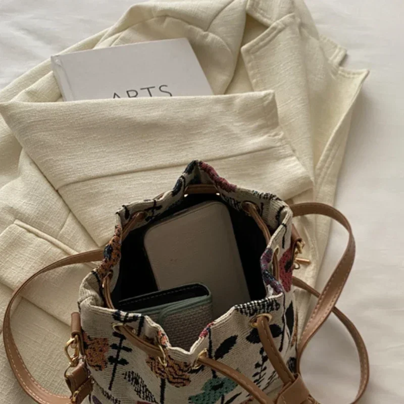 sac seau en tissu de lin pour femmes, sac à bandoulière de style ethnique floral, sac à bandoulière de luxe de styliste
