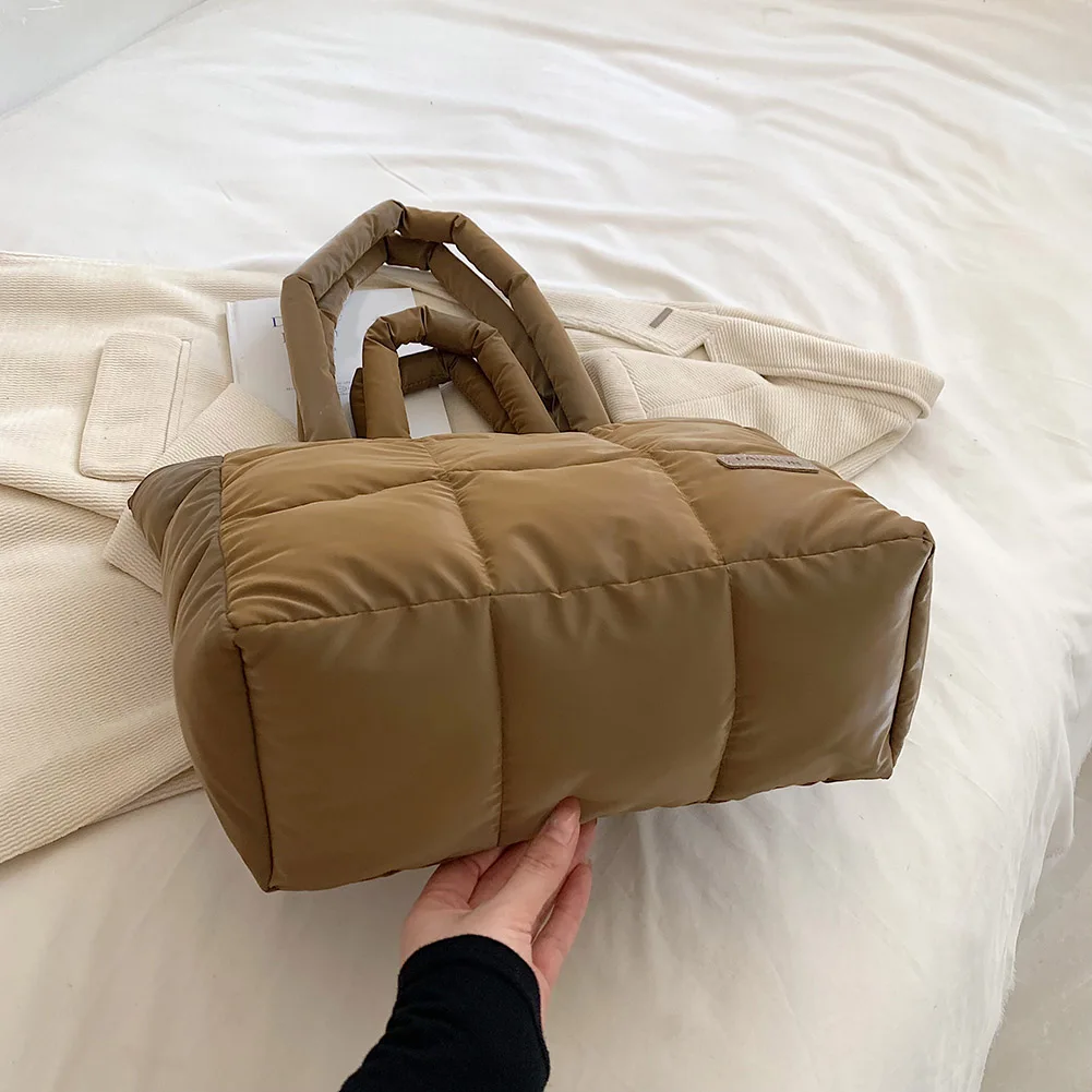 sac à main matelassé en coton rembourré pour femme, sac à carreaux solide, grande capacité, sac pour document, doux, femme, automne, hiver
