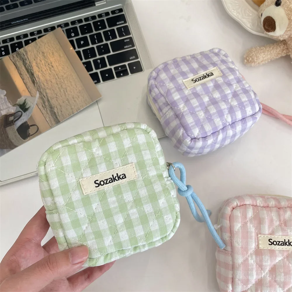 mini trousse de maquillage en coton matelassé pour femme, sac de rangement pour serviette hygiénique, porte monnaie étudiant, clés, sauna, poudres de téléphone, nœud à carreaux
