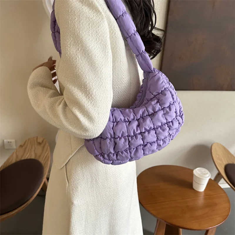 quilted pleated shoulder bags for women padded bag nylon handbags bucket purse cloud bubbles hobo puffer nylon tote bag bolsas