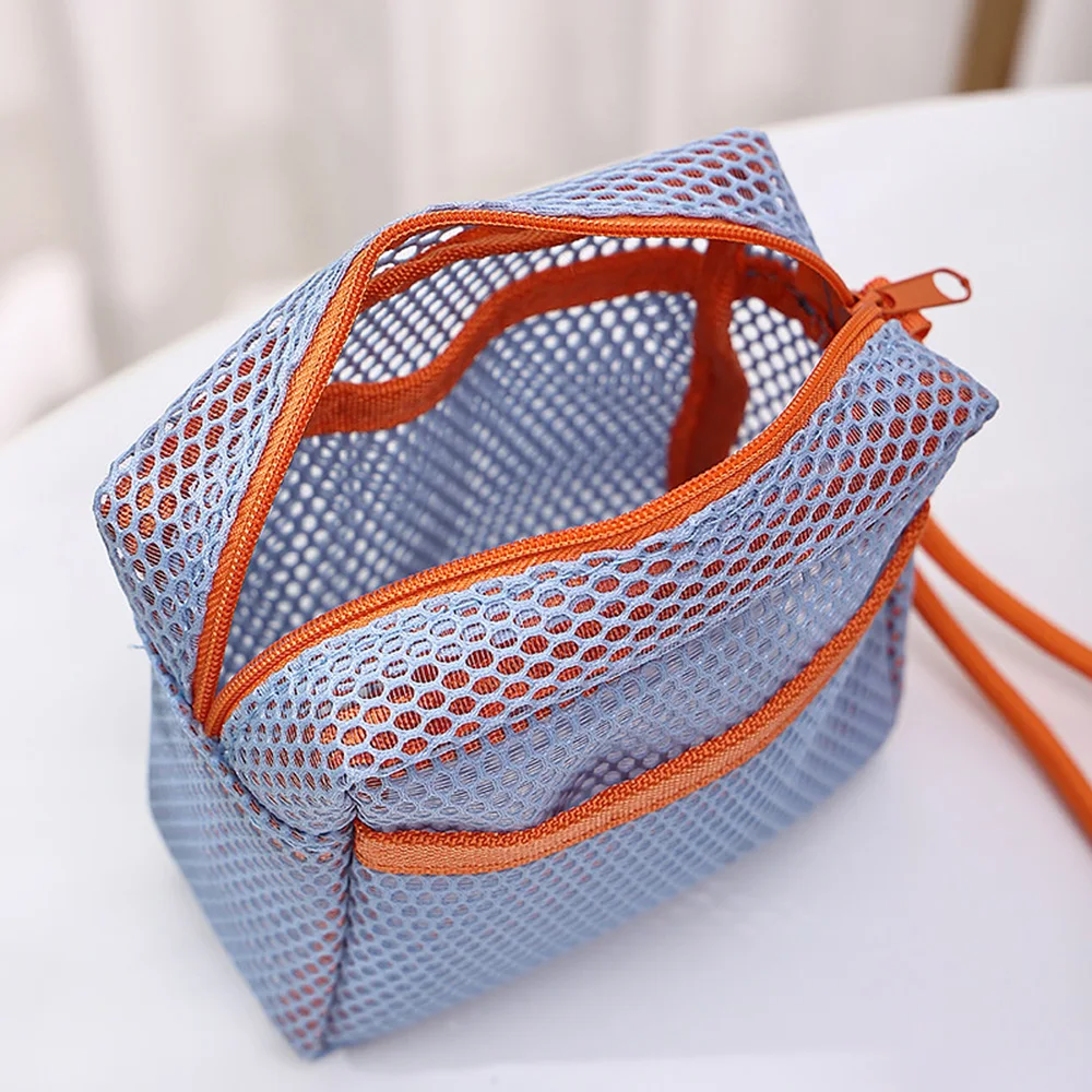 sac à cosmétiques en maille carrée multi poches, sac de rangement de cosmétiques carré portable avec fermeture éclair, sac de rangement polyvalent pour articles divers