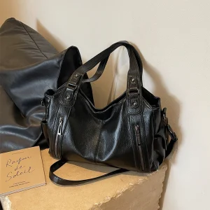 Sac fourre-tout pour femmes avec multi-poches, sacoche en cuir PU avec fermeture éclair, sac à main rétro tendance pour le travail et les voyages Sac fourre-tout pour femmes avec multi-poches, sacoche en cuir PU avec fermeture éclair, sac à main rétro tendance pour le travail et les voyages
