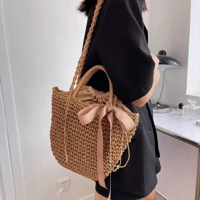 arc décors seau sacs à bandoulière à la main paille évider sac été femme voyage sac de plage sac à main vintage sacs à main bolsa